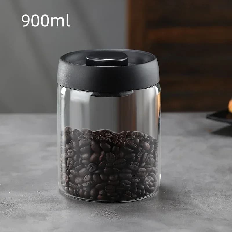 Pote Hermético de Vidro a Vácuo para Café em Grãos com Tampa Preta