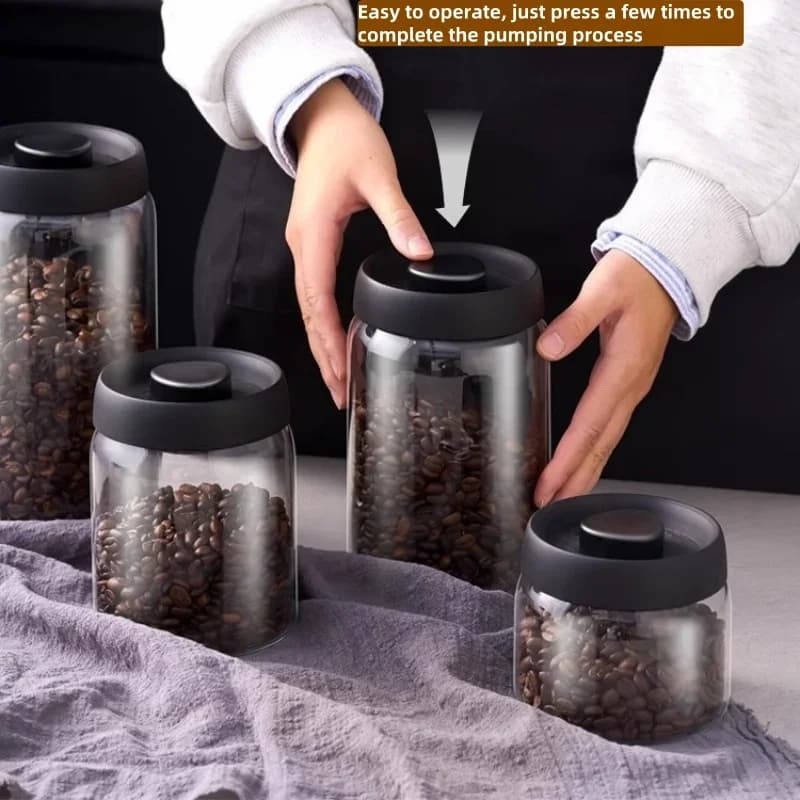 Pote Hermético de Vidro a Vácuo para Café em Grãos com Tampa Preta