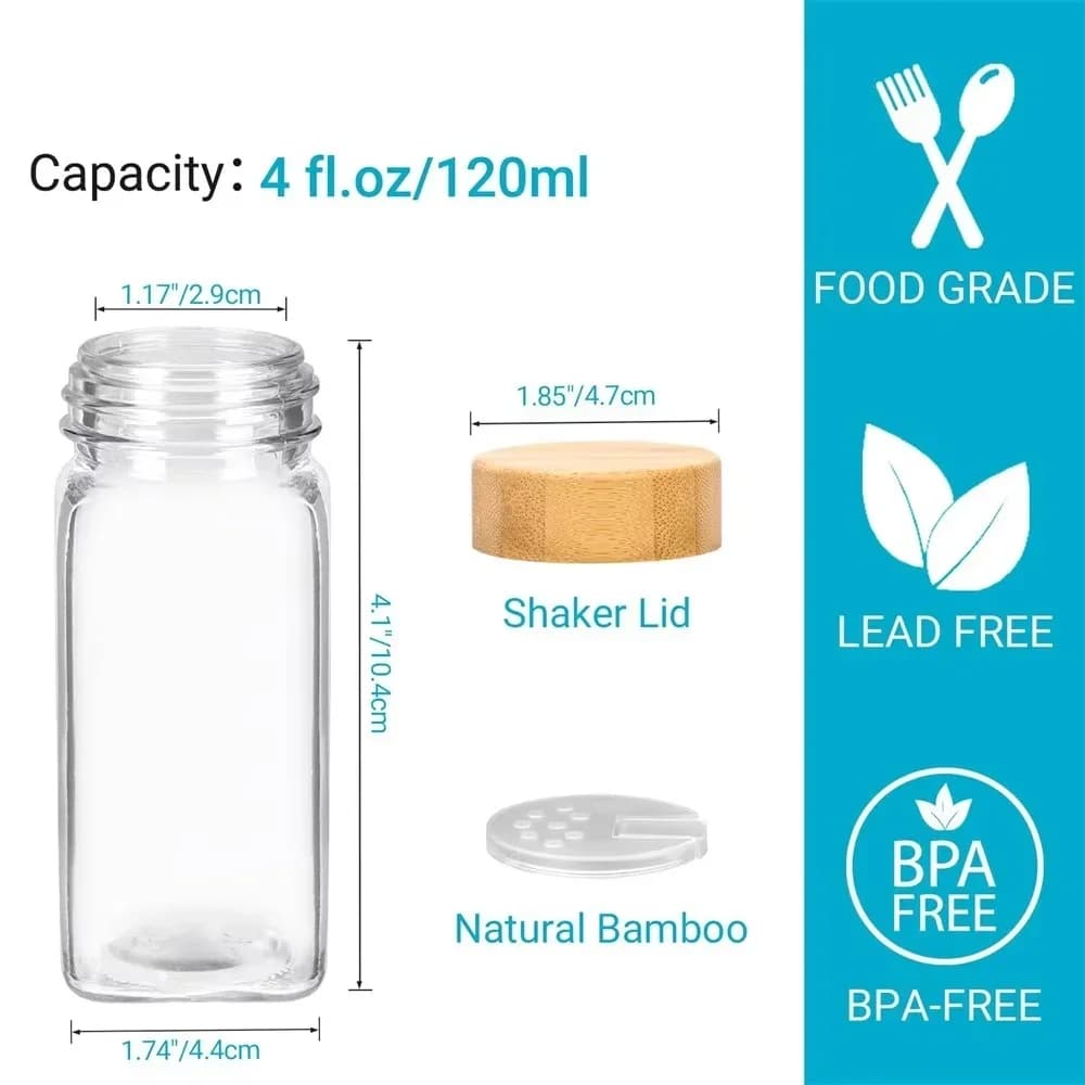 Kit 6/12/24 Porta-Temperos de Vidro com Tampas de Bambu ou Metal, Etiquetas e Funil