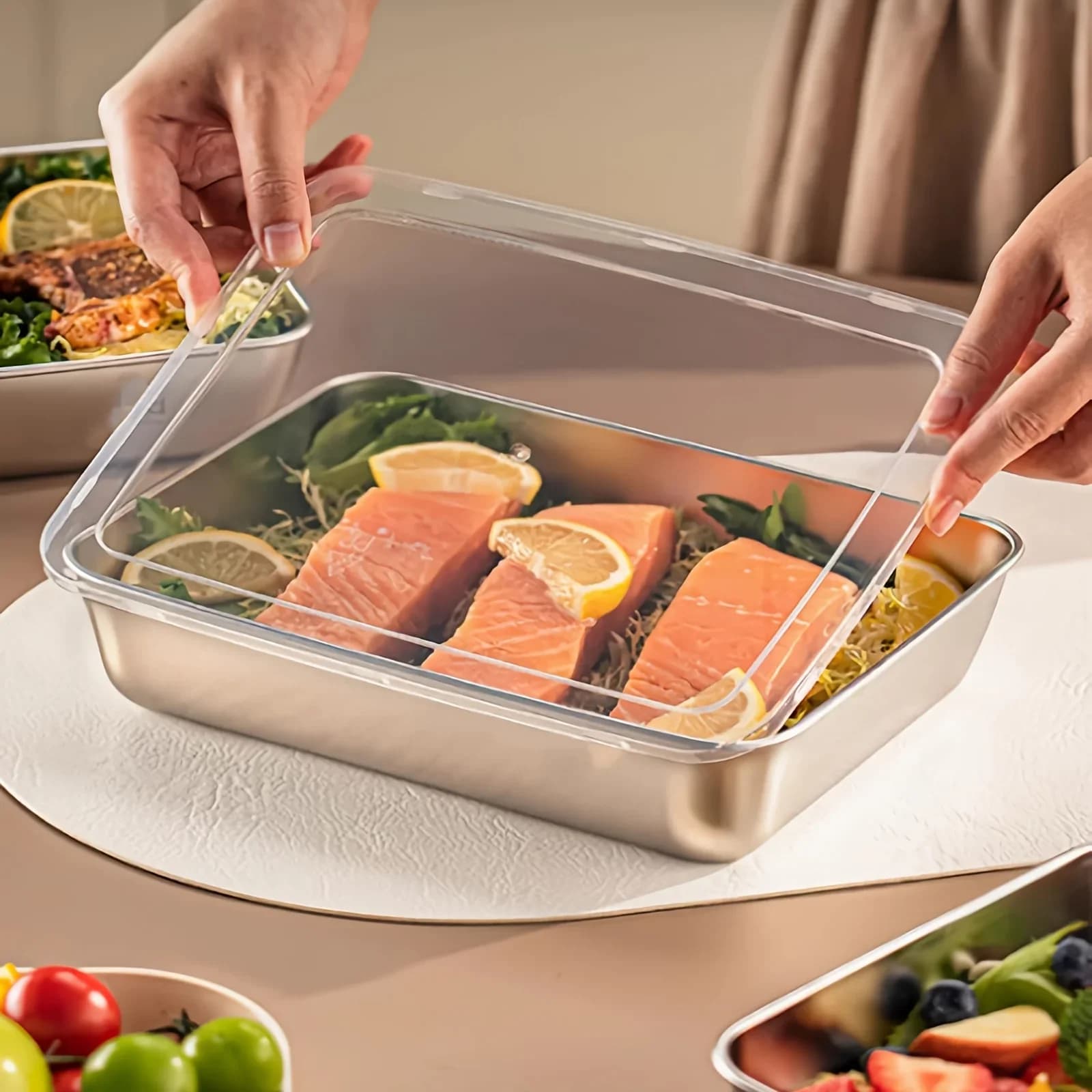 Kit 3 Potes Marmita em Aço Inox Herméticos Empilháveis com Tampa Transparente