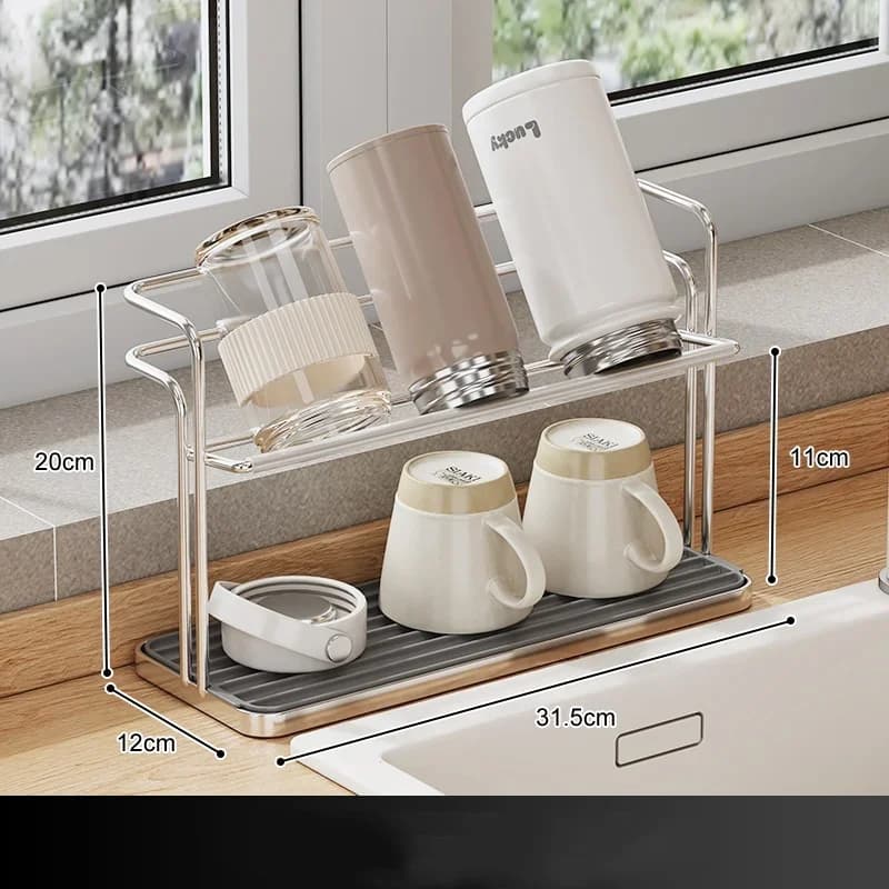 Organizador Duplo em Aço Inox para Copos e Xícaras com Bandeja para Cozinha