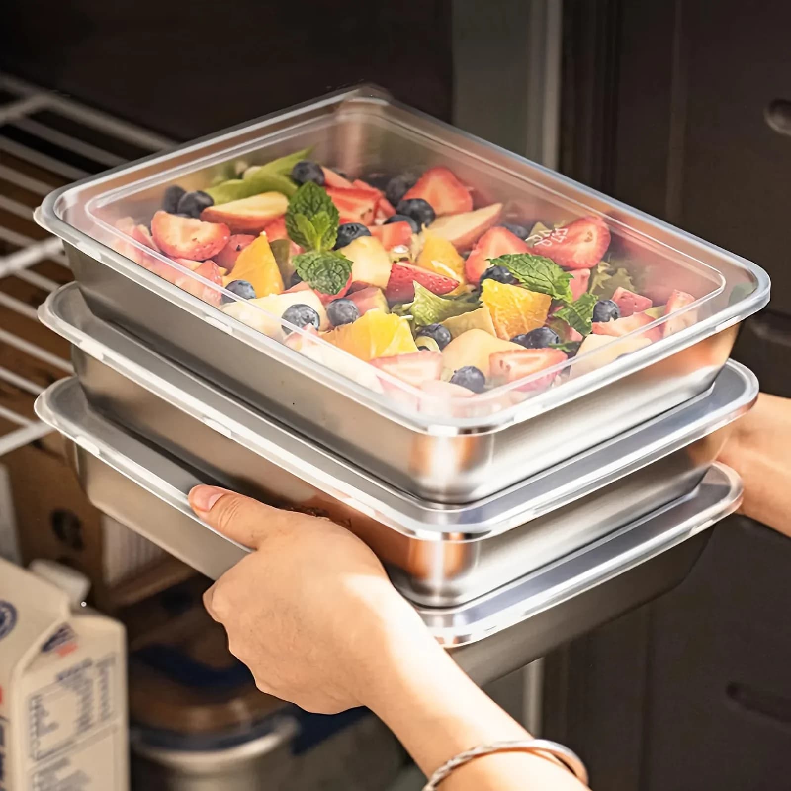 Kit 3 Potes Marmita em Aço Inox Herméticos Empilháveis com Tampa Transparente