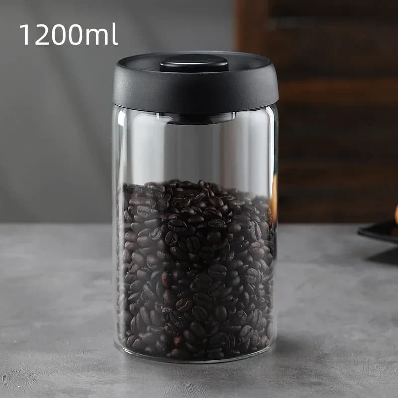 Pote Hermético de Vidro a Vácuo para Café em Grãos com Tampa Preta