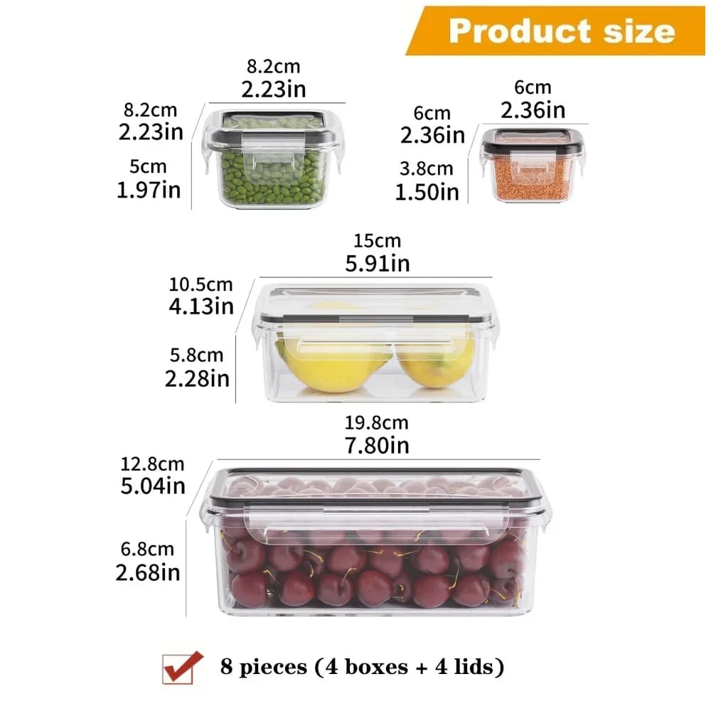 Jogo de 8 Potes Herméticos sem BPA com Travas - Plástico PP para Micro-ondas e Freezer