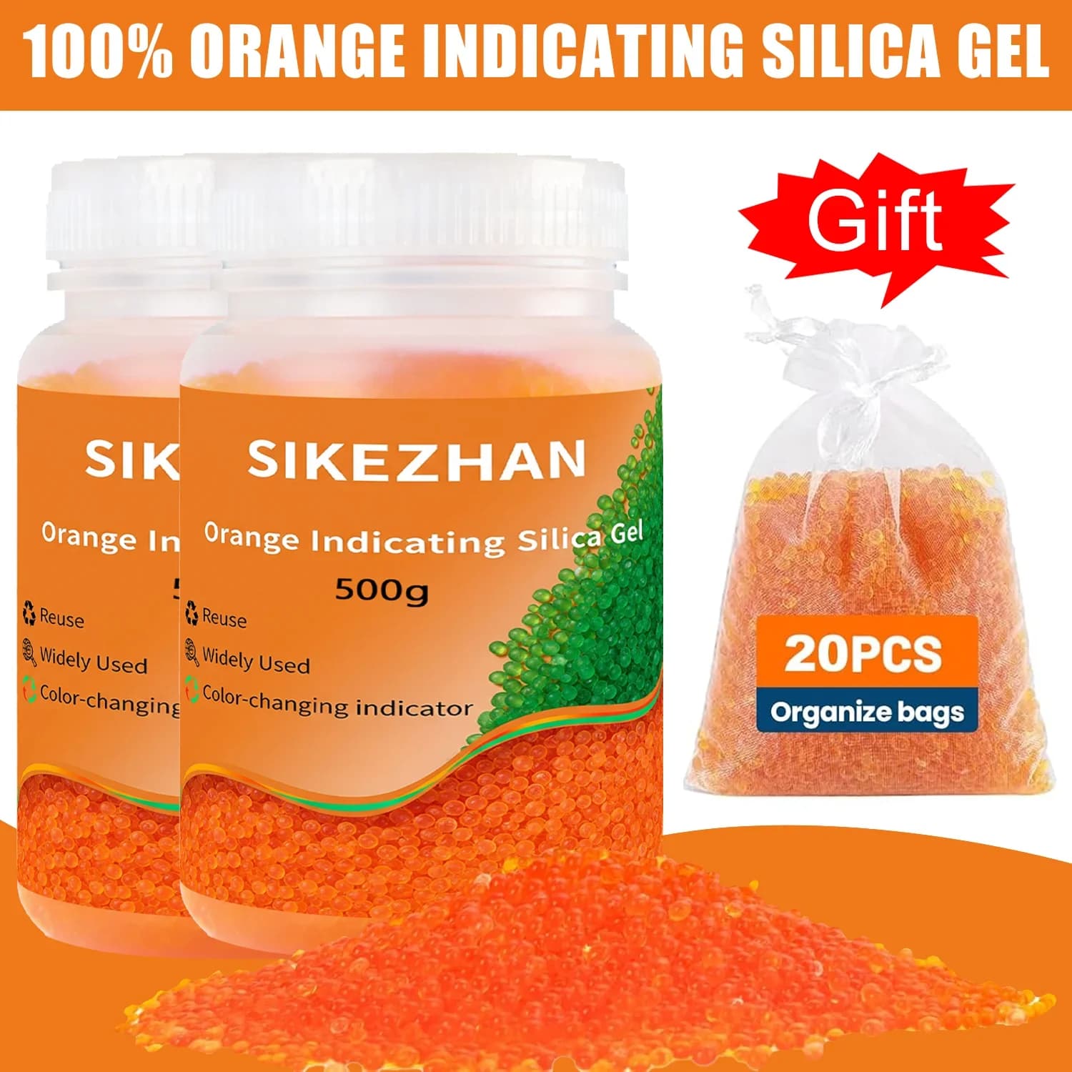 Sílica Gel Dessecante Indicadora 1000g Azul/Laranja Reutilizável com 20 Sachês