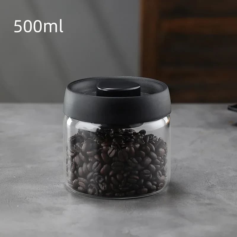 Pote Hermético de Vidro a Vácuo para Café em Grãos com Tampa Preta