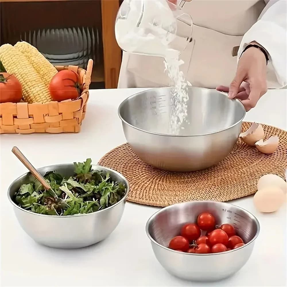 Conjunto de 1-3 Tigelas de Aço Inoxidável com Medidor para Cozinha, Confeitaria e Armazenamento de Alimentos