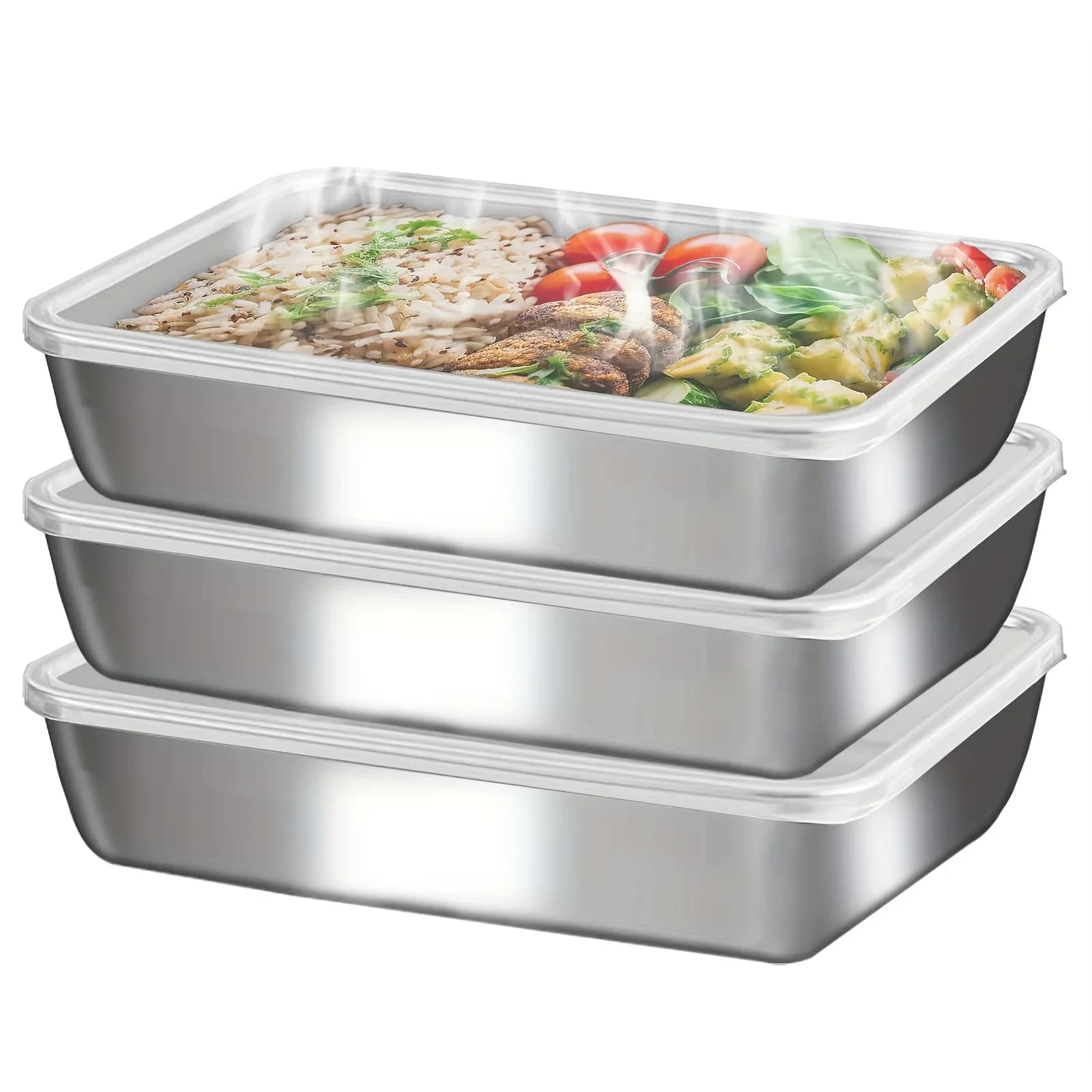 Kit 3 Potes Marmita em Aço Inox Herméticos Empilháveis com Tampa Transparente