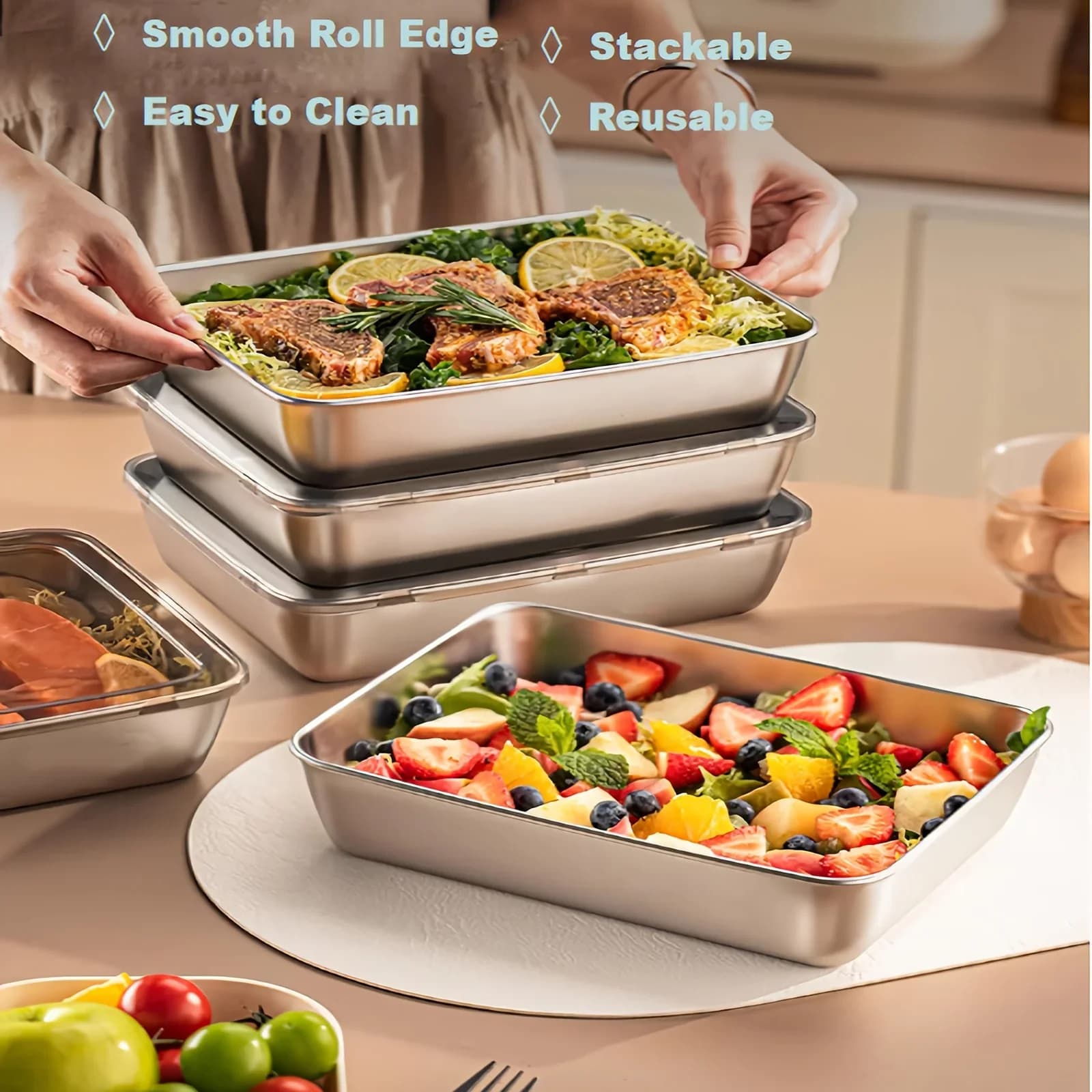Kit 3 Potes Marmita em Aço Inox Herméticos Empilháveis com Tampa Transparente