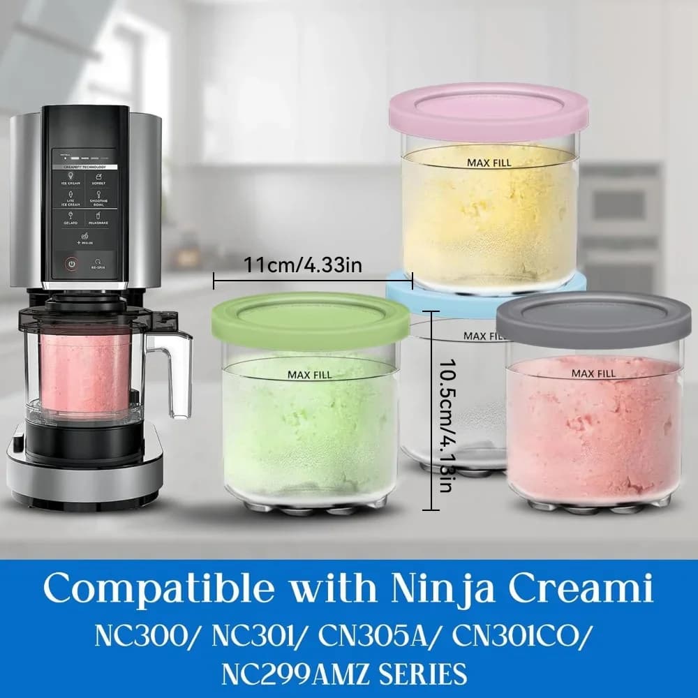 Potes com Tampas para Ninja Creami - Kit com 4 Recipientes para Sorvete