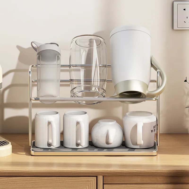 Organizador Duplo em Aço Inox para Copos e Xícaras com Bandeja para Cozinha
