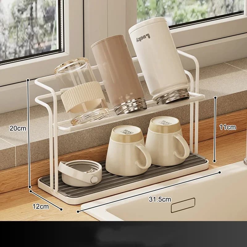 Organizador Duplo em Aço Inox para Copos e Xícaras com Bandeja para Cozinha