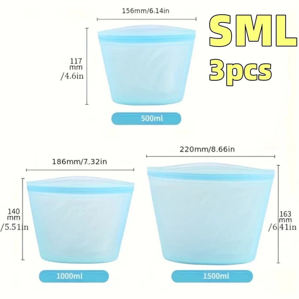 Kit Sacos Herméticos de Silicone Reutilizáveis para Alimentos e Geladeira