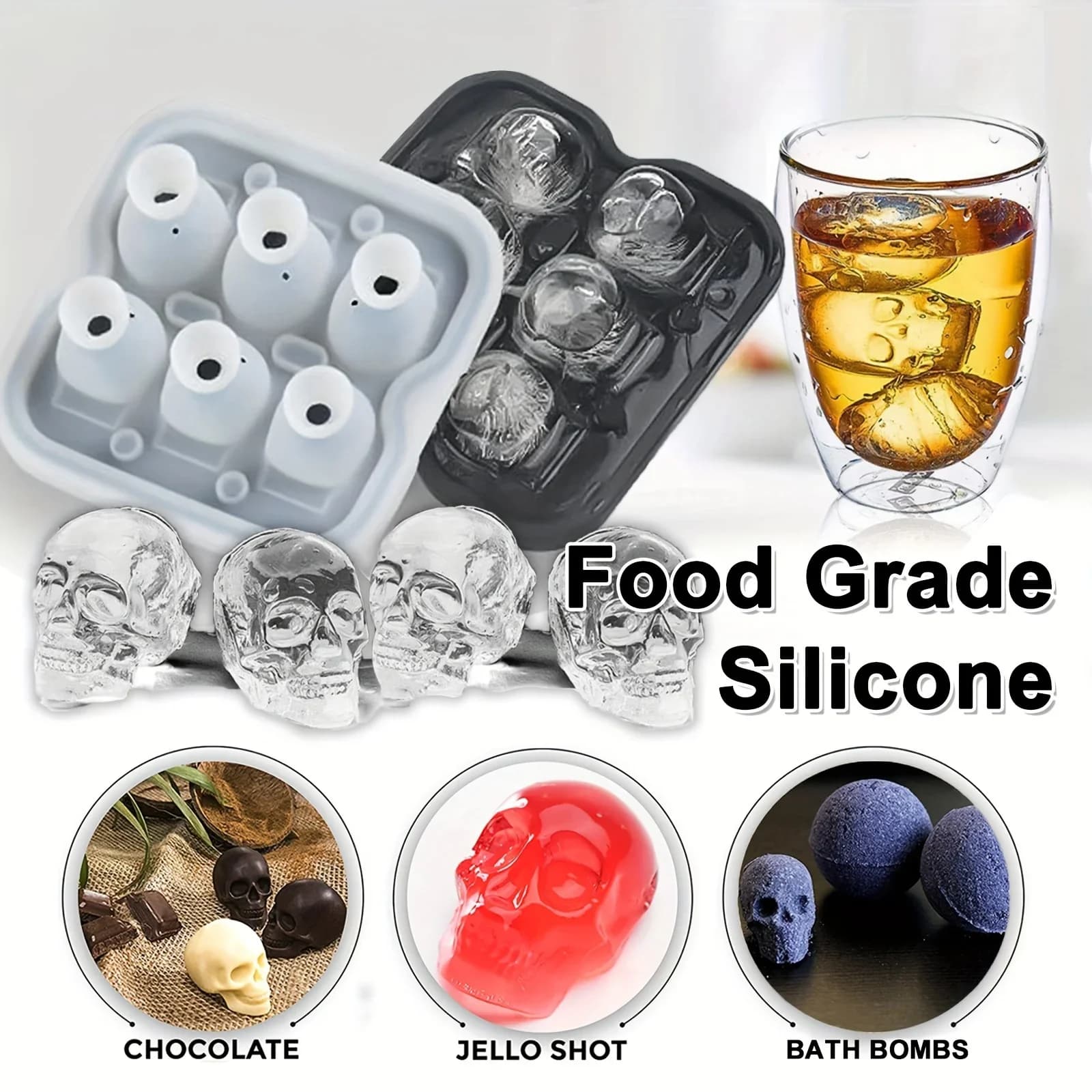 Forma de Gelo em Silicone 3D Caveira Livre de BPA para Drinks