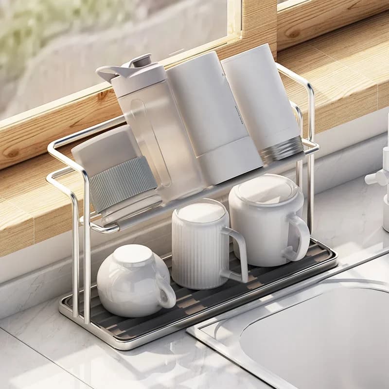 Organizador Duplo em Aço Inox para Copos e Xícaras com Bandeja para Cozinha