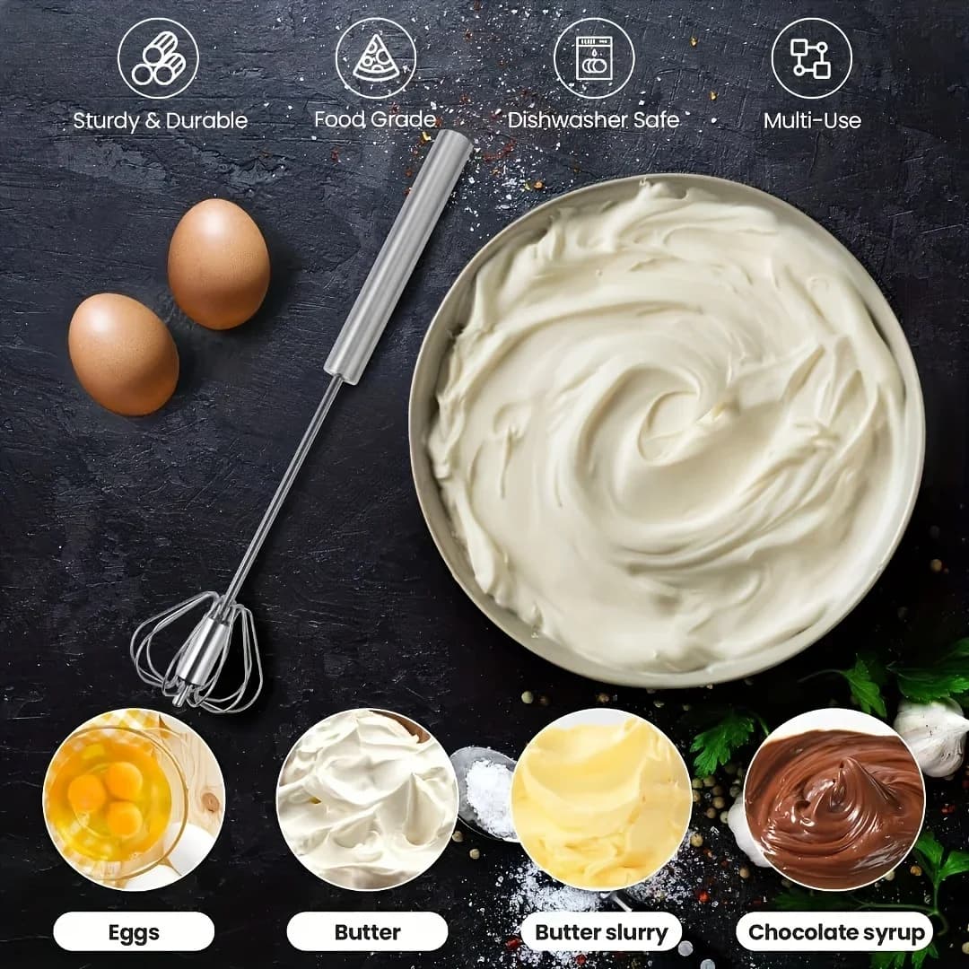 Batedor de Ovos Semiautomático em Aço Inox Mixer para Cozinha e Confeitaria