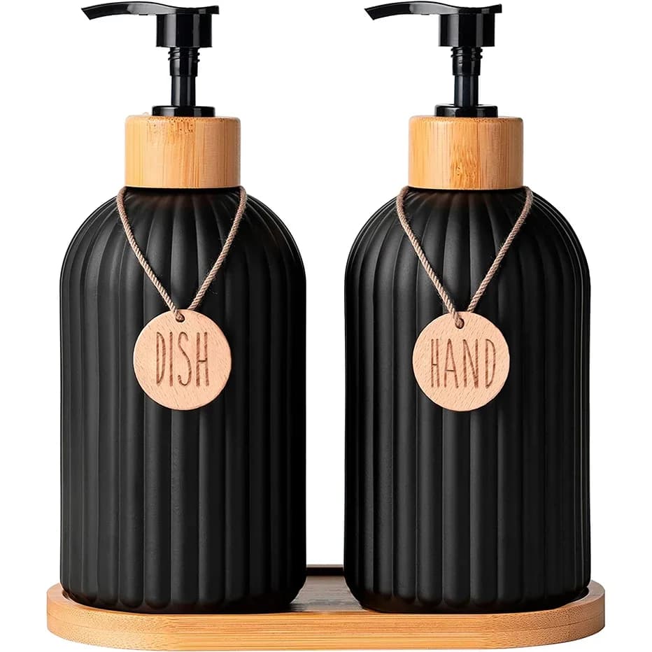 Conjunto de Dispensers Pretos para Detergente e Sabonete Líquido com Etiquetas para Bancada