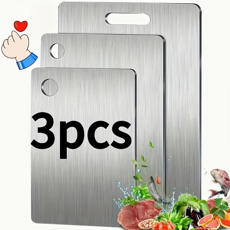 Kit 3 Tábuas de Corte em Aço Inox com Canaleta - Antiderrapante e Livre de BPA