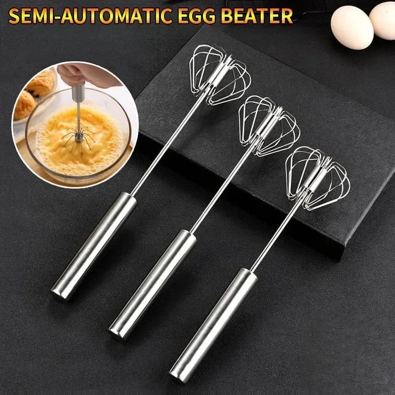 Batedor de Ovos Semiautomático Giratório em Aço Inox para Cozinha