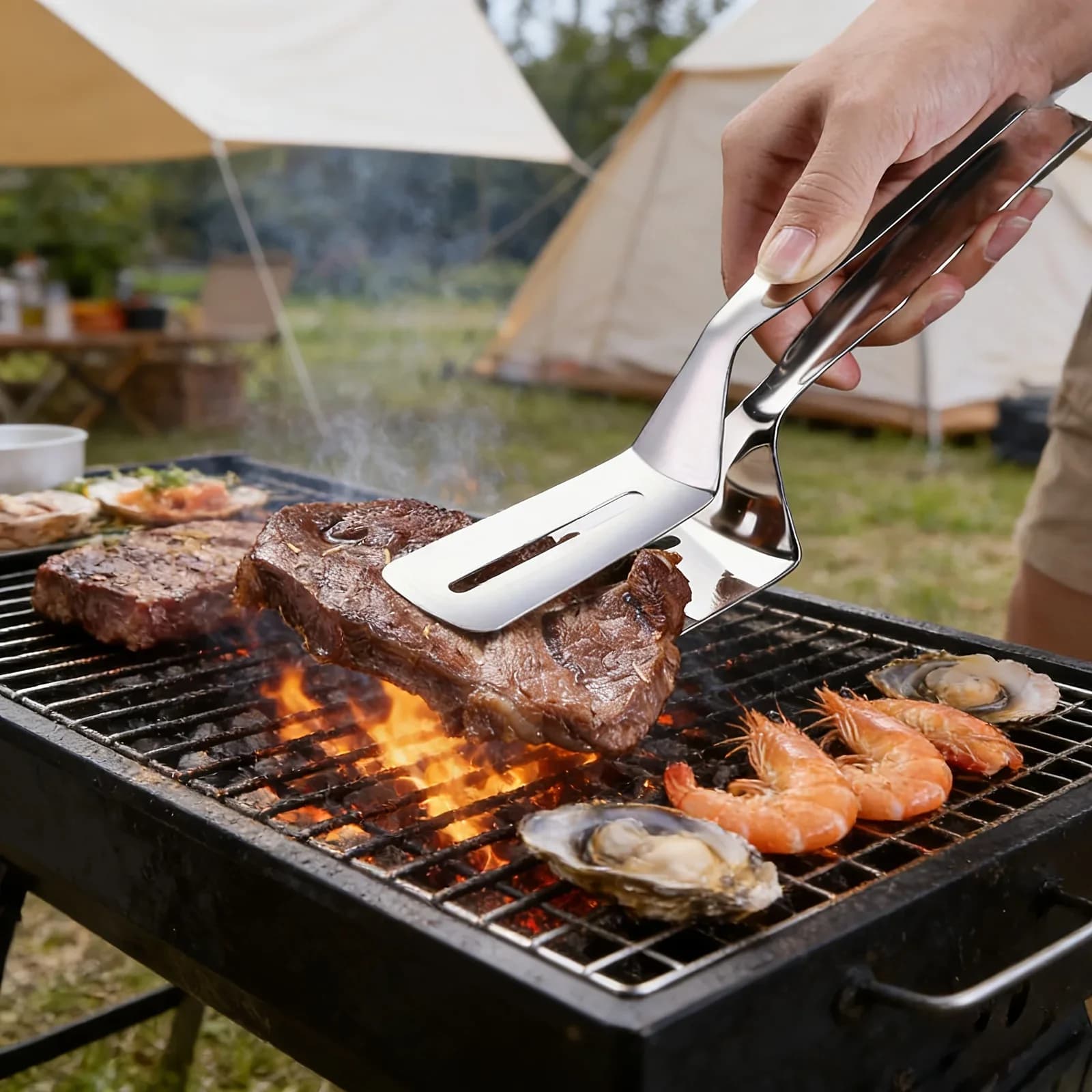 Pinça Espátula Dupla em Aço Inox para Bife, Carne e Peixe 1/2/4 Peças