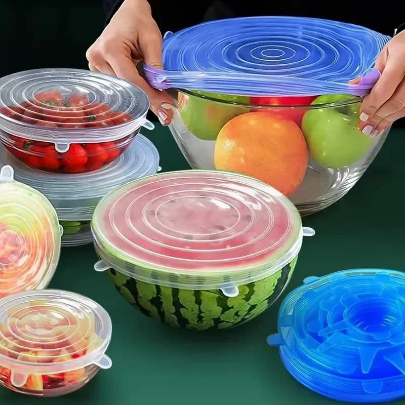 6 Tampas de Silicone Elásticas Reutilizáveis para Alimentos e Tigelas