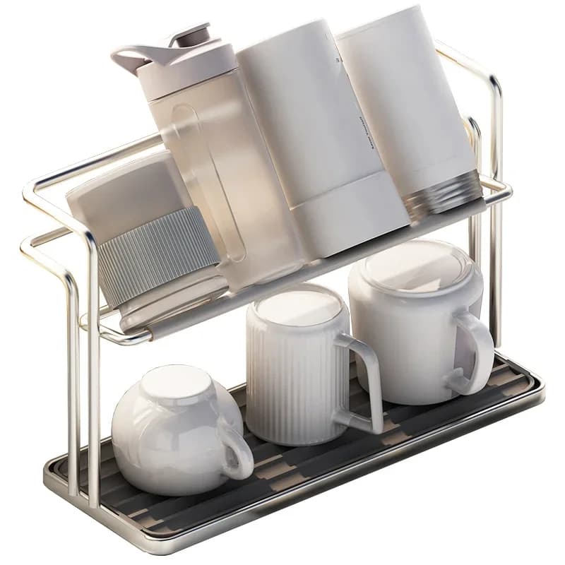 Organizador Duplo em Aço Inox para Copos e Xícaras com Bandeja para Cozinha