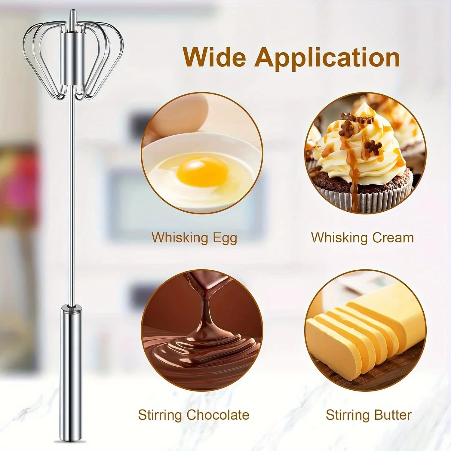 Batedor de Ovos Semiautomático em Aço Inox Mixer para Cozinha e Confeitaria