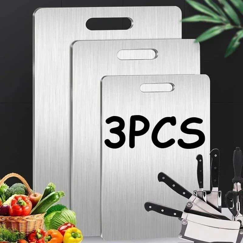 Kit 3 Tábuas de Corte em Aço Inoxidável Dupla Face para Carne e Vegetais