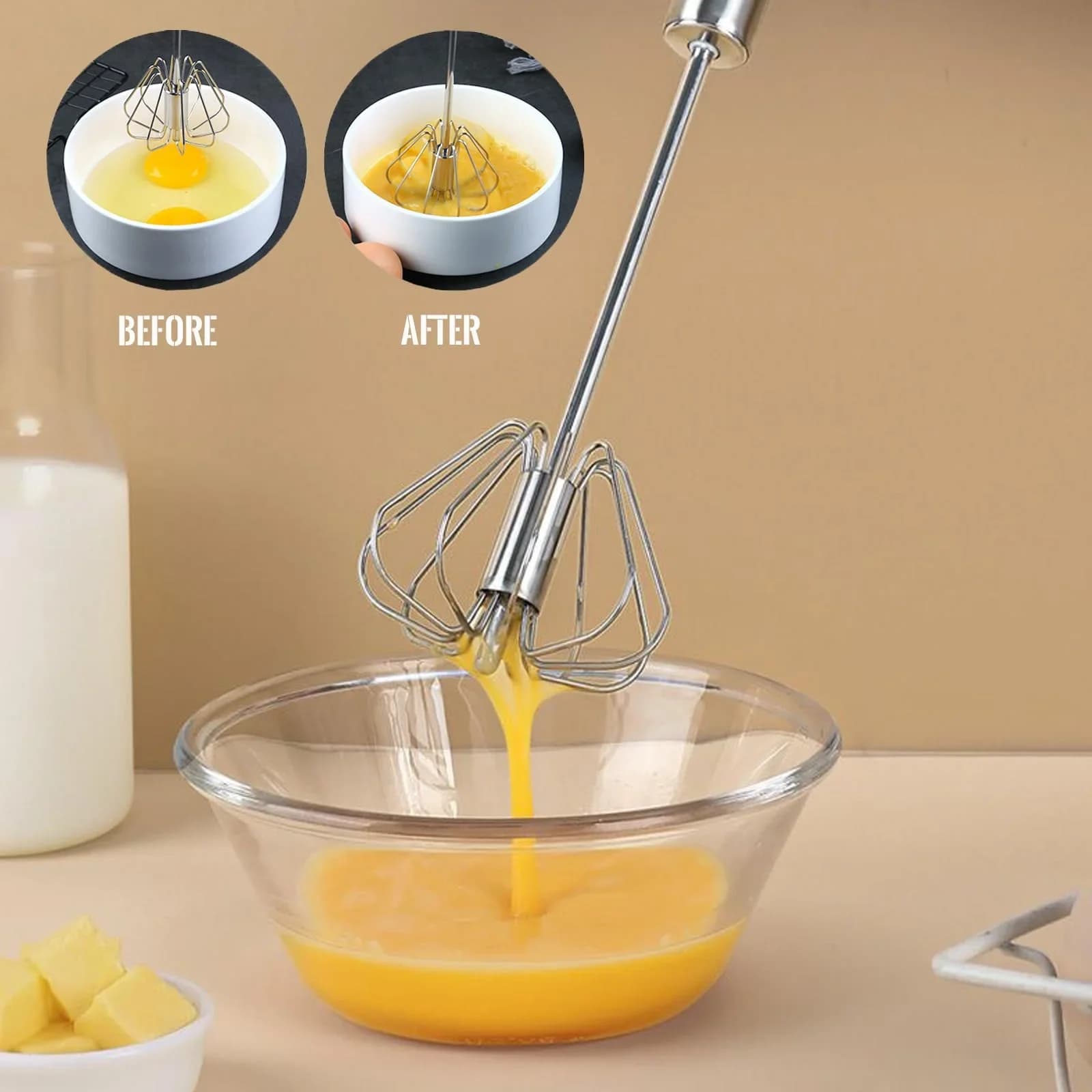Batedor de Ovos Semiautomático em Aço Inox Fouet Giratório